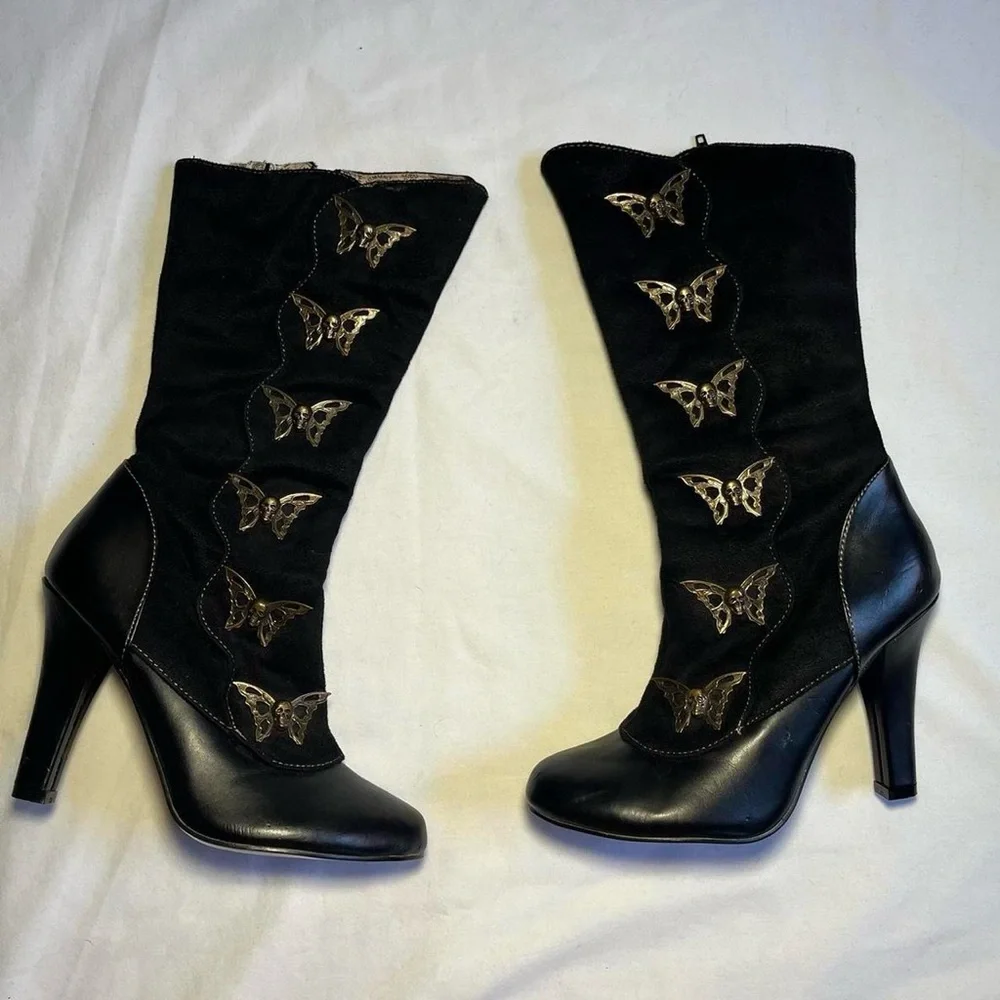 Demonia Black Heeled Boots with Gold Butterfly Accents - Picture 6 of 8